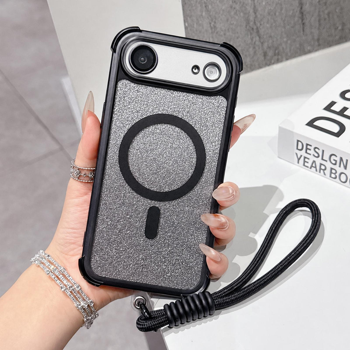For iPhone Air Electroplated Gradient Glitter Matte Acrylic Magnetic Phone Case with Strap - Black - SYA003423904E