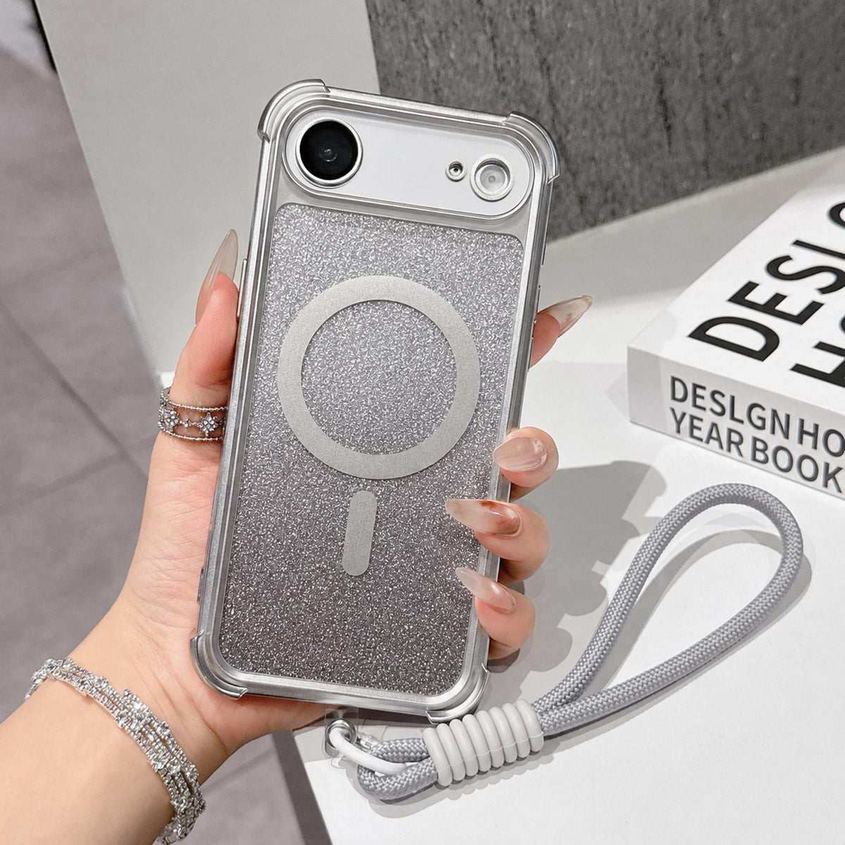 For iPhone Air Electroplated Gradient Glitter Matte Acrylic Magnetic Phone Case with Strap - Silver - SYA003423904G