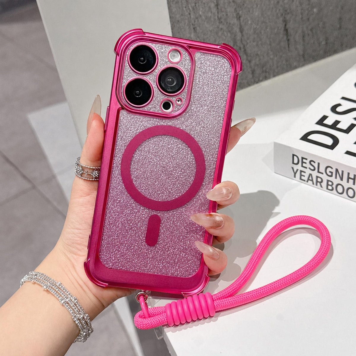 For iPhone 16 Pro Electroplated Gradient Glitter Matte Acrylic Magnetic Phone Case with Strap - Gray - SYA003423906C