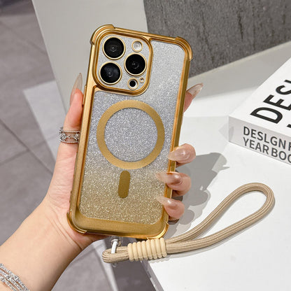 For iPhone 16 Pro Electroplated Gradient Glitter Matte Acrylic Magnetic Phone Case with Strap - Gold - SYA003423906D