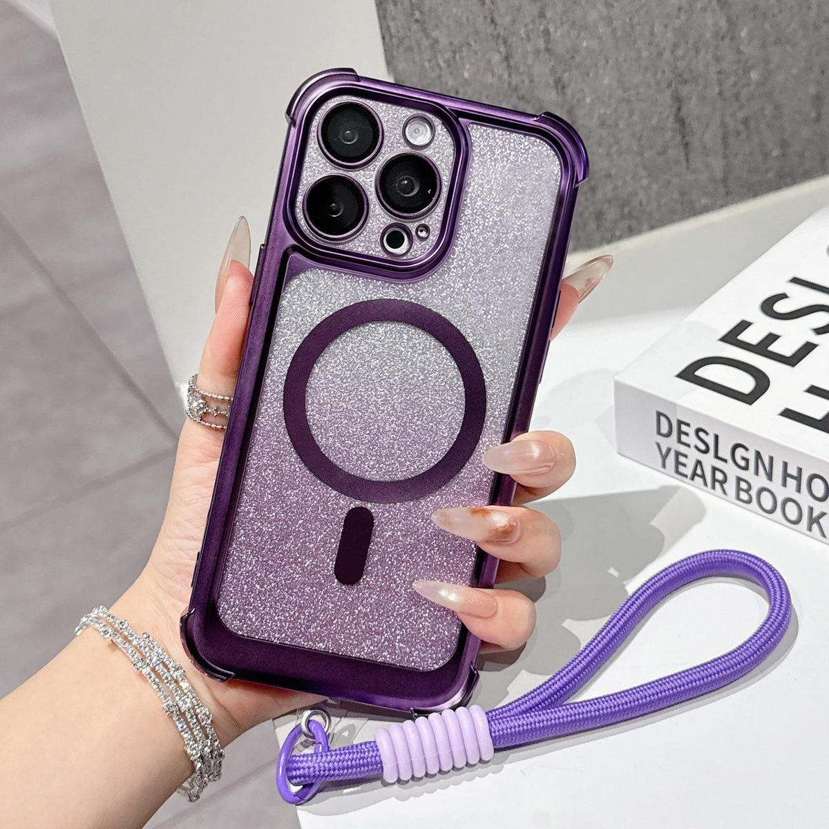 For iPhone 16 Pro Electroplated Gradient Glitter Matte Acrylic Magnetic Phone Case with Strap - Purple - SYA003423906F