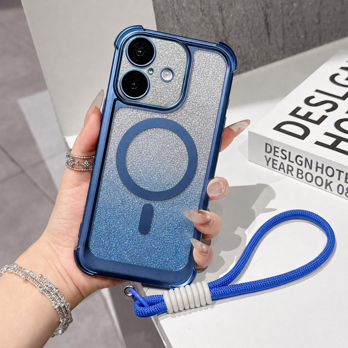 For iPhone 16 Plus Electroplated Gradient Glitter Matte Acrylic Magnetic Phone Case with Strap - Blue - SYA003423907A