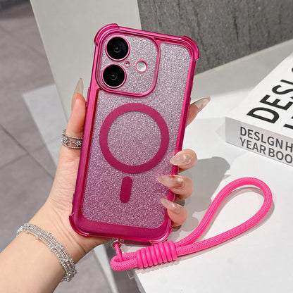 For iPhone 16 Plus Electroplated Gradient Glitter Matte Acrylic Magnetic Phone Case with Strap - Gray - SYA003423907C