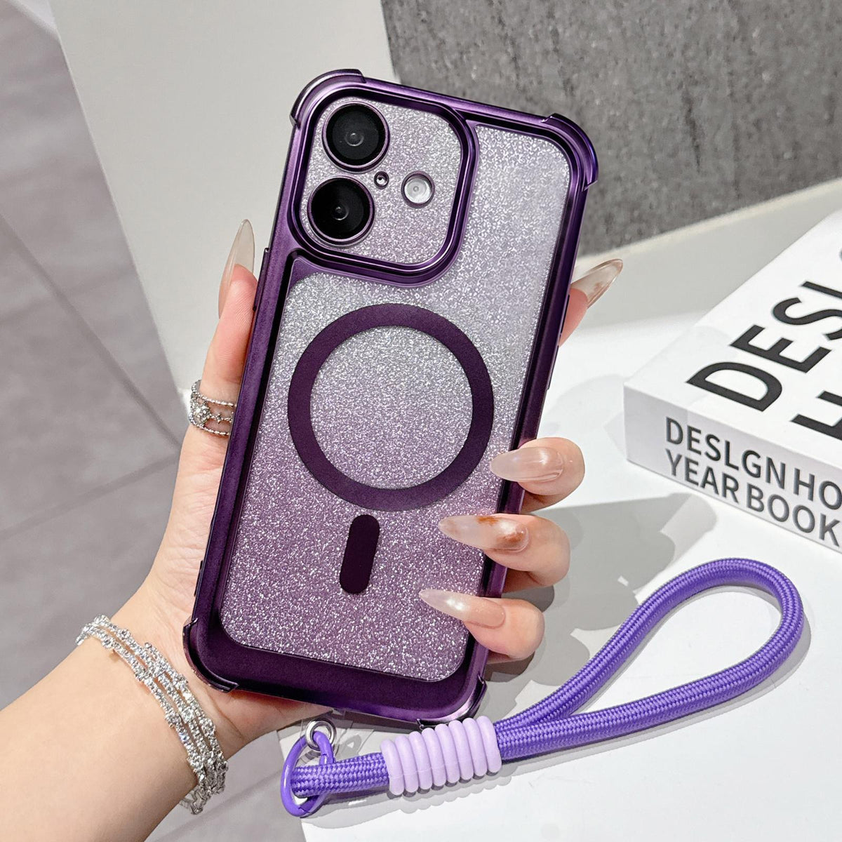 For iPhone 16 Plus Electroplated Gradient Glitter Matte Acrylic Magnetic Phone Case with Strap - Purple - SYA003423907F