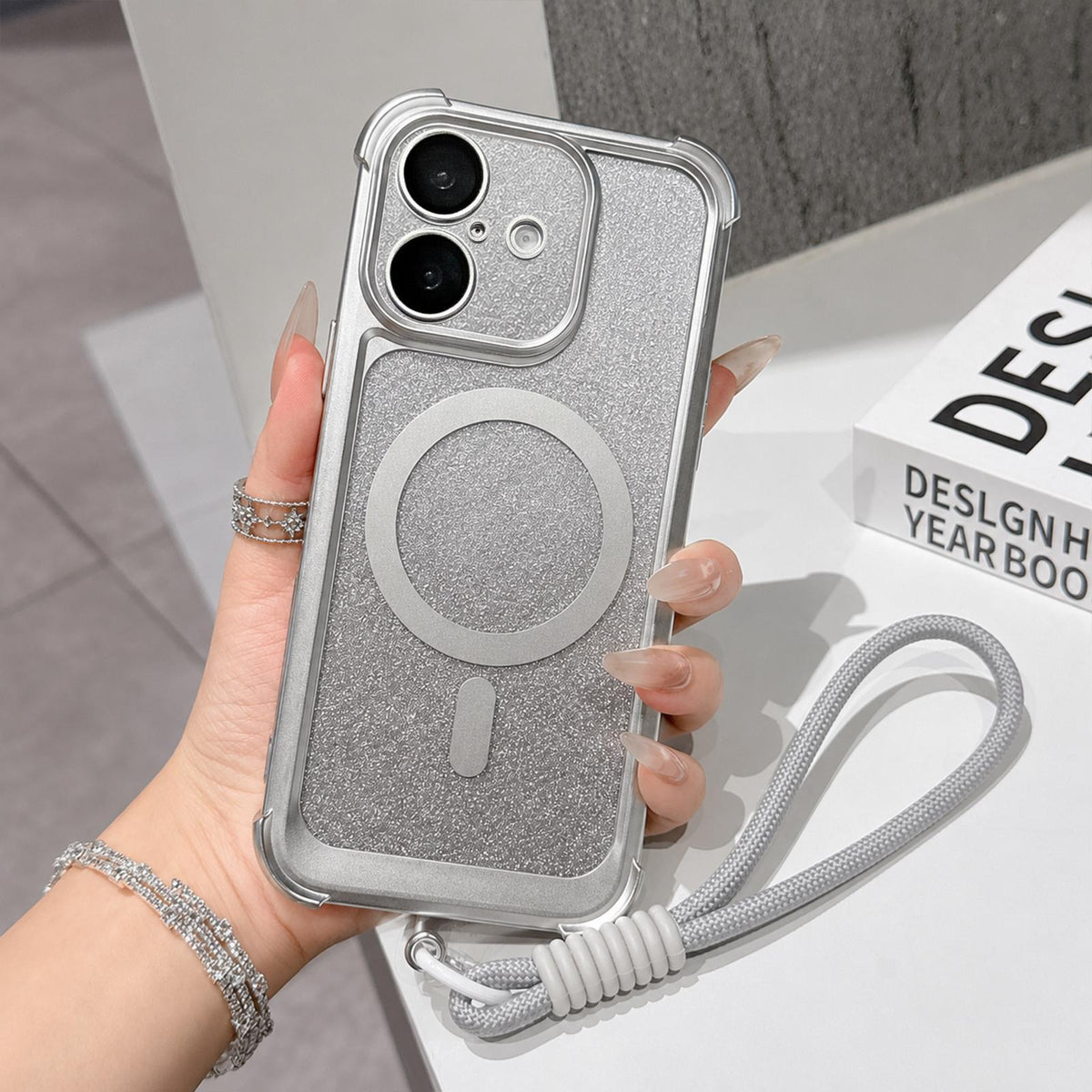 For iPhone 16 Plus Electroplated Gradient Glitter Matte Acrylic Magnetic Phone Case with Strap - Silver - SYA003423907G