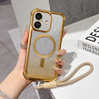 For iPhone 16 Electroplated Gradient Glitter Matte Acrylic Magnetic Phone Case with Strap - Gold - SYA003423908D