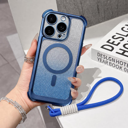 For iPhone 15 Pro Max Electroplated Gradient Glitter Matte Acrylic Magnetic Phone Case with Strap - Blue - SYA003423909A