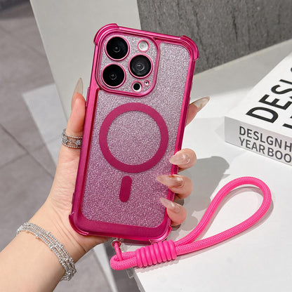 For iPhone 15 Pro Max Electroplated Gradient Glitter Matte Acrylic Magnetic Phone Case with Strap - Gray - SYA003423909C