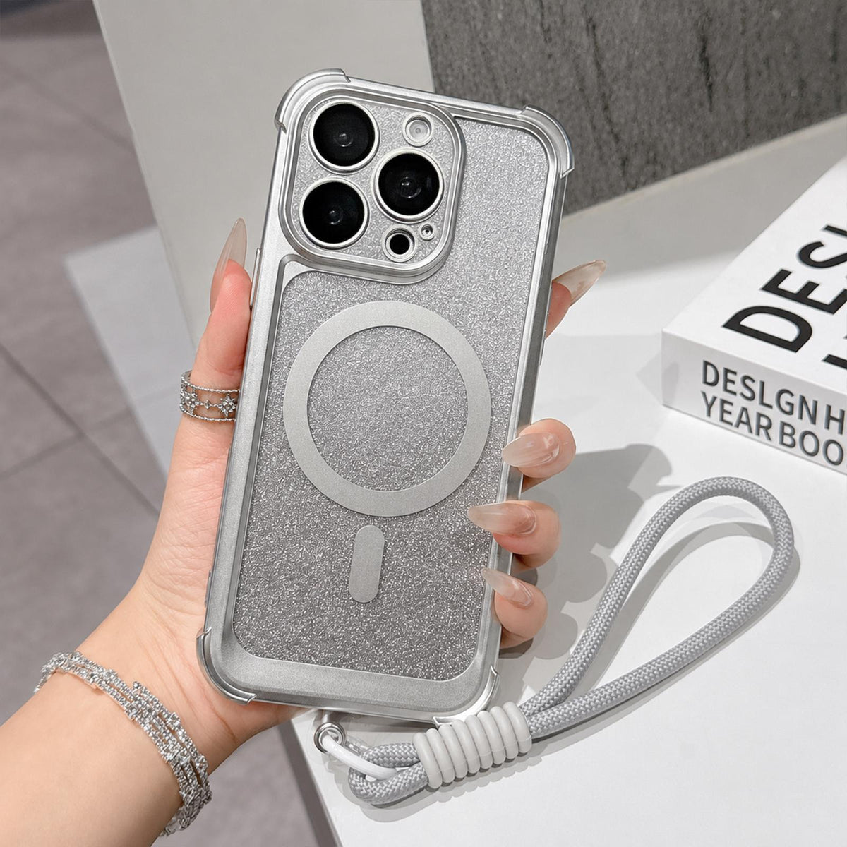 For iPhone 15 Pro Max Electroplated Gradient Glitter Matte Acrylic Magnetic Phone Case with Strap - Silver - SYA003423909G
