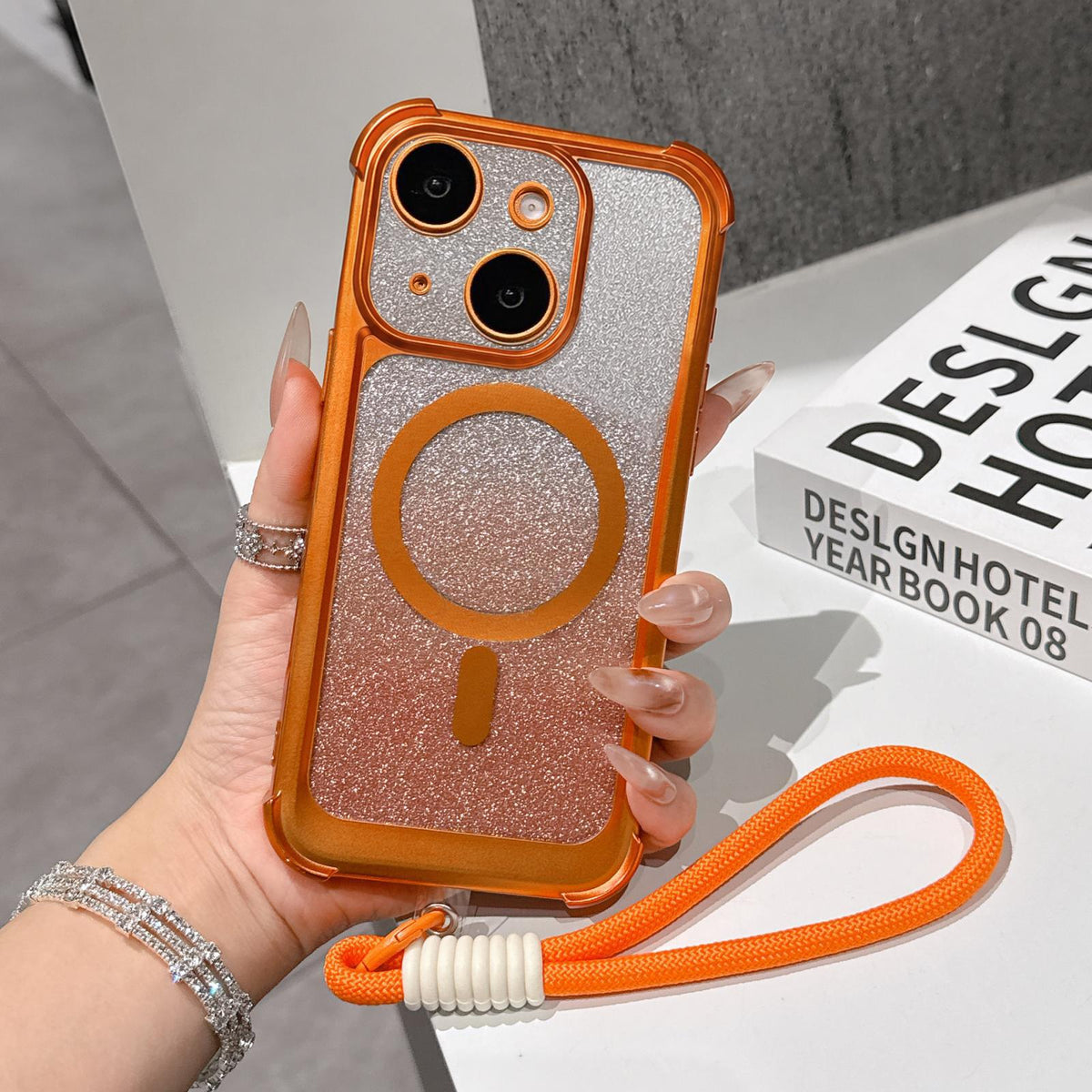 For iPhone 15 Plus Electroplated Gradient Glitter Matte Acrylic Magnetic Phone Case with Strap - Orange - SYA003423911B
