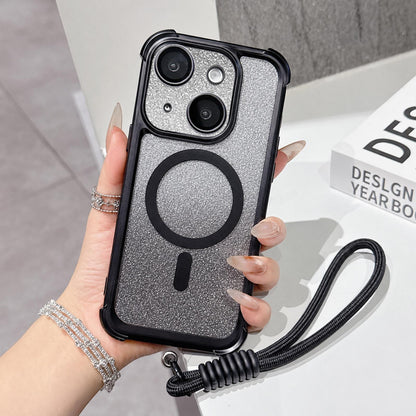 For iPhone 15 Plus Electroplated Gradient Glitter Matte Acrylic Magnetic Phone Case with Strap - Black - SYA003423911E