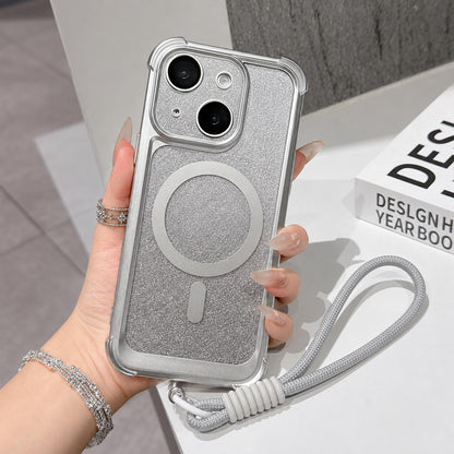 For iPhone 15 Plus Electroplated Gradient Glitter Matte Acrylic Magnetic Phone Case with Strap - Silver - SYA003423911G