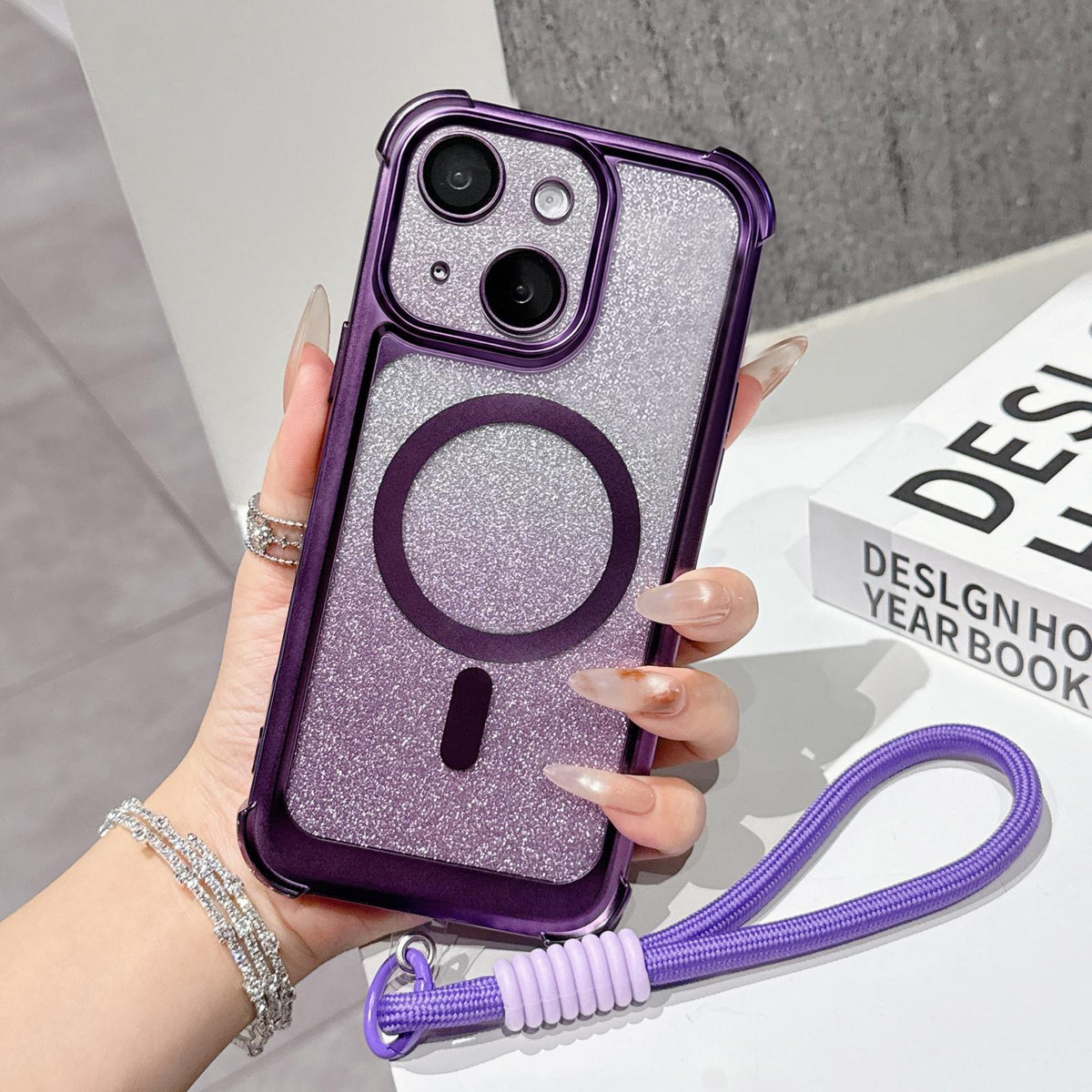 For iPhone 15 Electroplated Gradient Glitter Matte Acrylic Magnetic Phone Case with Strap - Purple - SYA003423912F
