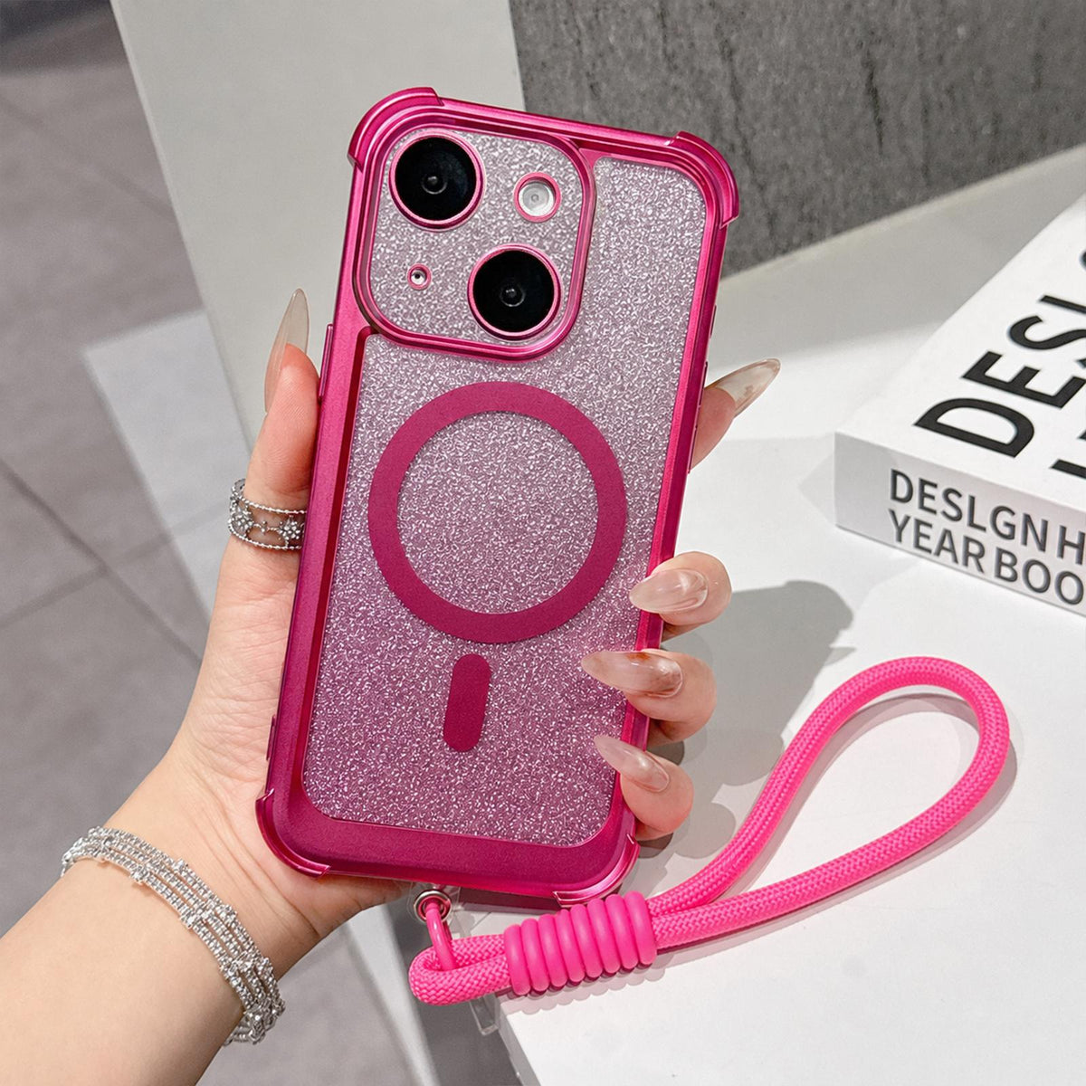 For iPhone 14 Plus Electroplated Gradient Glitter Matte Acrylic Magnetic Phone Case with Strap - Gray - SYA003423913C