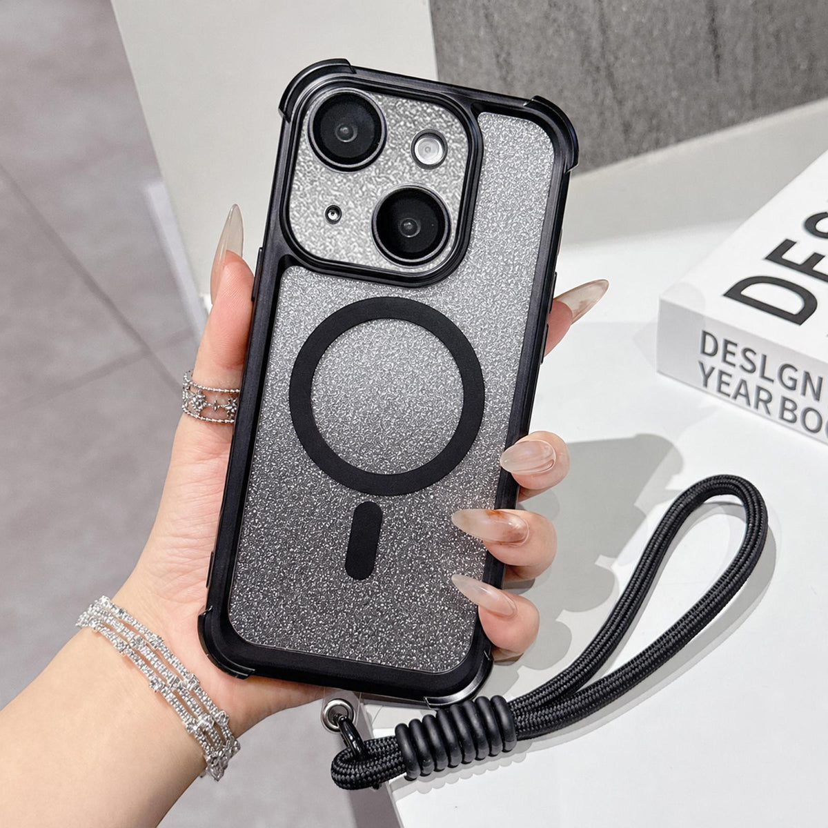 For iPhone 14 Electroplated Gradient Glitter Matte Acrylic Magnetic Phone Case with Strap - Black - SYA003423914E