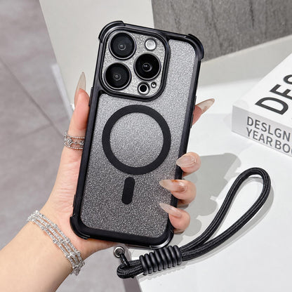 For iPhone 14 Pro Max Electroplated Gradient Glitter Matte Acrylic Magnetic Phone Case with Strap - Black - SYA003423916E