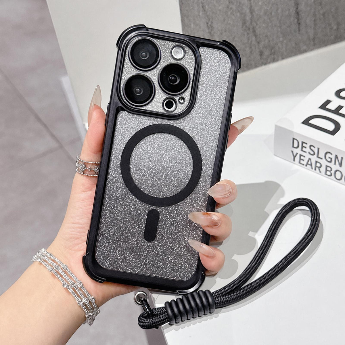 For iPhone 13 Pro Max Electroplated Gradient Glitter Matte Acrylic Magnetic Phone Case with Strap - Black - SYA003423917E