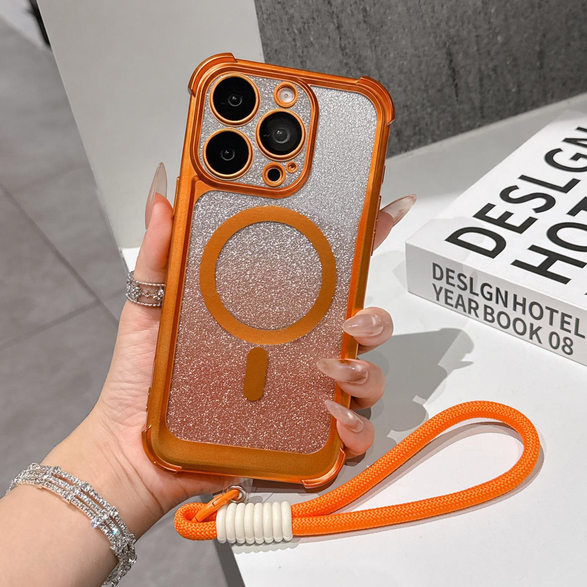 For iPhone 13 Pro Electroplated Gradient Glitter Matte Acrylic Magnetic Phone Case with Strap - Orange - SYA003423918B