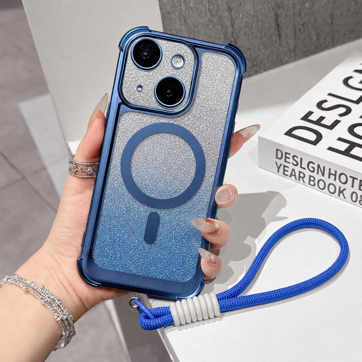 For iPhone 13 Electroplated Gradient Glitter Matte Acrylic Magnetic Phone Case with Strap - Blue - SYA003423919A