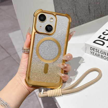 For iPhone 13 Electroplated Gradient Glitter Matte Acrylic Magnetic Phone Case with Strap - Gold - SYA003423919D