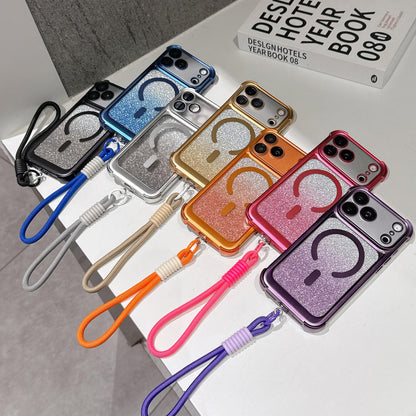 For iPhone 14 Electroplated Gradient Glitter Matte Acrylic Magnetic Phone Case with Strap - Blue - SYA003423914A
