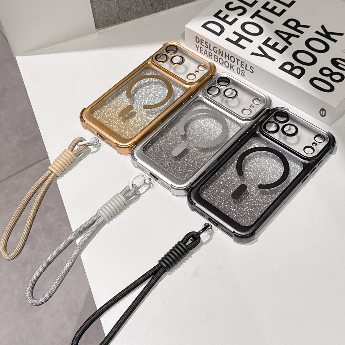 For iPhone 16 Plus Electroplated Gradient Glitter Matte Acrylic Magnetic Phone Case with Strap - Gold - SYA003423907D