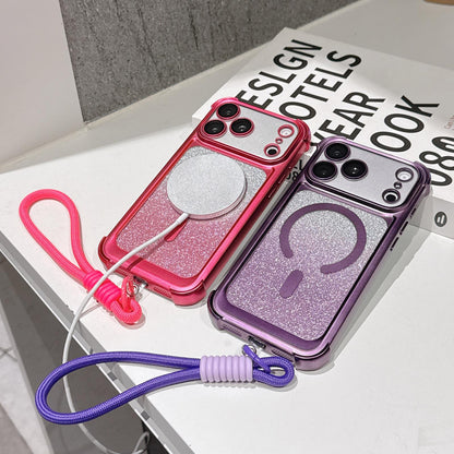 For iPhone 16 Pro Max Electroplated Gradient Glitter Matte Acrylic Magnetic Phone Case with Strap - Blue - SYA003423905A