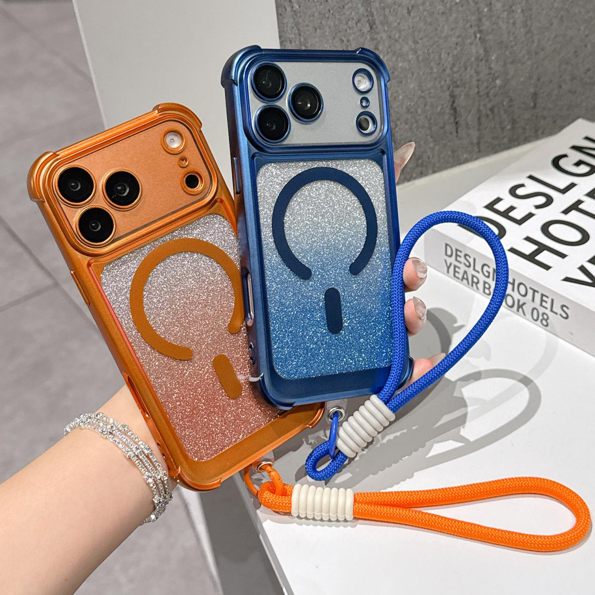 For iPhone 16 Pro Electroplated Gradient Glitter Matte Acrylic Magnetic Phone Case with Strap - Blue - SYA003423906A