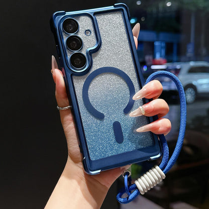 For Galaxy S24 FE 5G Electroplated Gradient Glitter Matte Acrylic Magnetic Phone Case with Strap - Blue - SYA003424007A