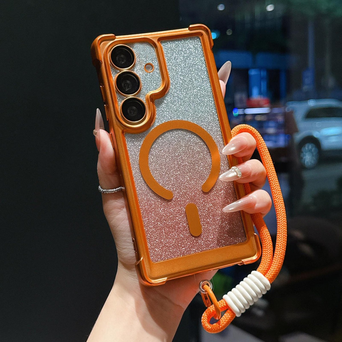 For Galaxy S24 FE 5G Electroplated Gradient Glitter Matte Acrylic Magnetic Phone Case with Strap - Orange - SYA003424007B
