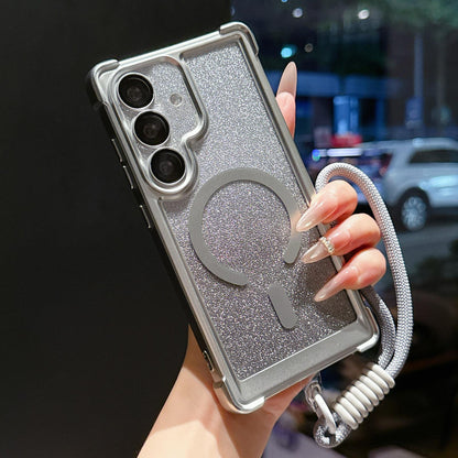 For Galaxy S24 FE 5G Electroplated Gradient Glitter Matte Acrylic Magnetic Phone Case with Strap - Silver - SYA003424007C
