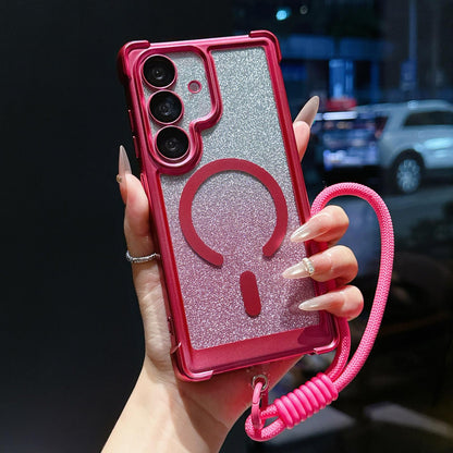 For Galaxy S24 FE 5G Electroplated Gradient Glitter Matte Acrylic Magnetic Phone Case with Strap - Red - SYA003424007D