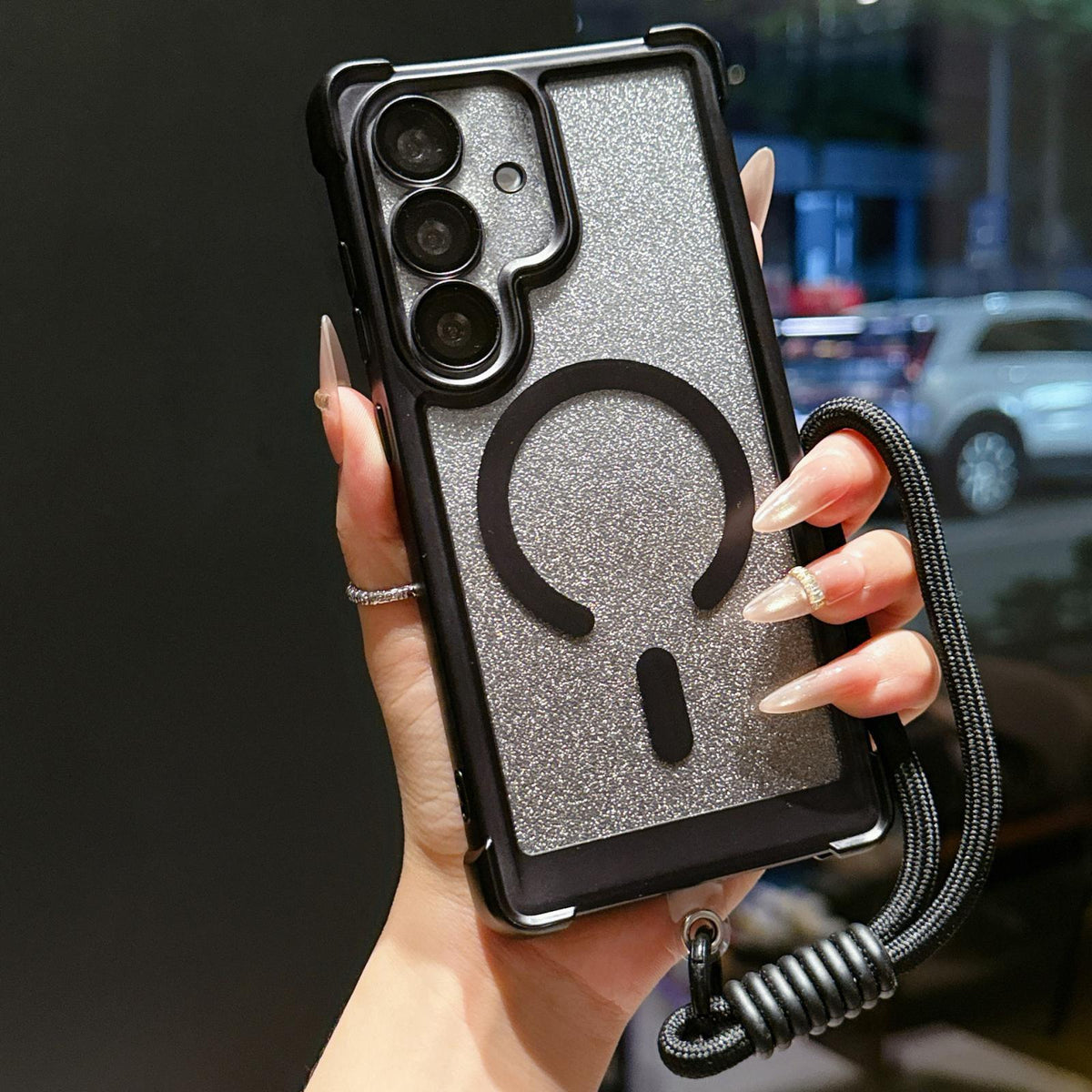 For Galaxy S24 FE 5G Electroplated Gradient Glitter Matte Acrylic Magnetic Phone Case with Strap - Black - SYA003424007E