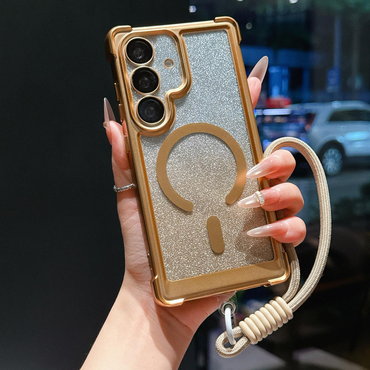 For Galaxy S24 FE 5G Electroplated Gradient Glitter Matte Acrylic Magnetic Phone Case with Strap - Gold - SYA003424007F
