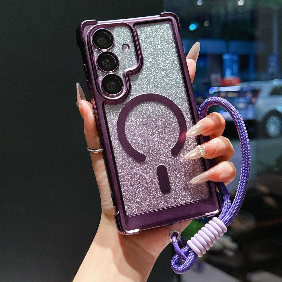 For Galaxy S24 FE 5G Electroplated Gradient Glitter Matte Acrylic Magnetic Phone Case with Strap - Purple - SYA003424007G