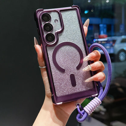 For Galaxy S24 FE 5G Electroplated Gradient Glitter Matte Acrylic Magnetic Phone Case with Strap - Purple - SYA003424007G