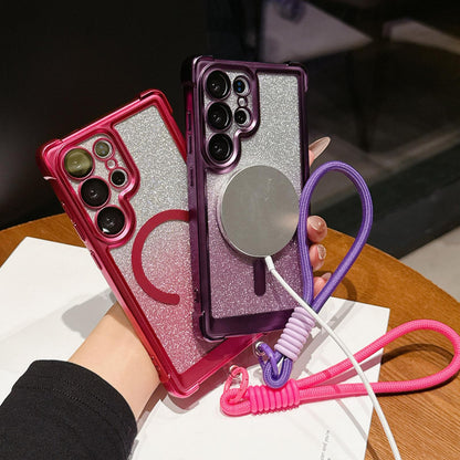 For Galaxy S24 FE 5G Electroplated Gradient Glitter Matte Acrylic Magnetic Phone Case with Strap - Blue - SYA003424007A