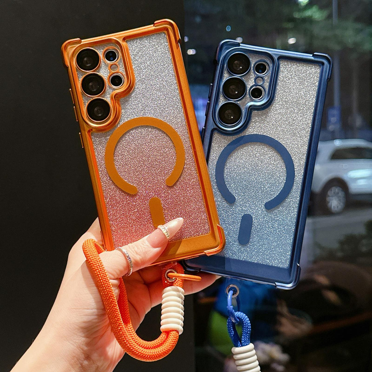 For Galaxy S24 FE 5G Electroplated Gradient Glitter Matte Acrylic Magnetic Phone Case with Strap - Blue - SYA003424007A