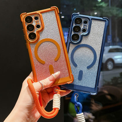 For Galaxy S24 FE 5G Electroplated Gradient Glitter Matte Acrylic Magnetic Phone Case with Strap - Blue - SYA003424007A