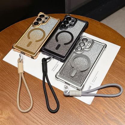 For Galaxy S24 FE 5G Electroplated Gradient Glitter Matte Acrylic Magnetic Phone Case with Strap - Blue - SYA003424007A