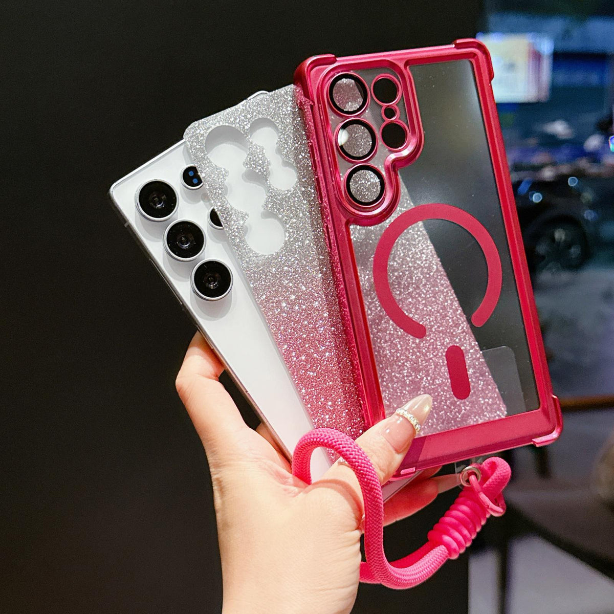 For Galaxy S24 FE 5G Electroplated Gradient Glitter Matte Acrylic Magnetic Phone Case with Strap - Blue - SYA003424007A