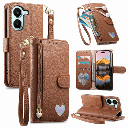 For Honor Play 80 Plus 5G Fantasy Love Heart Zipper Wallet Vegan Leather Phone Case with Strap(Brown)