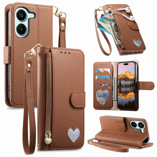 For Honor Play 80 Plus 5G Fantasy Love Heart Zipper Wallet Vegan Leather Phone Case with Strap(Brown)