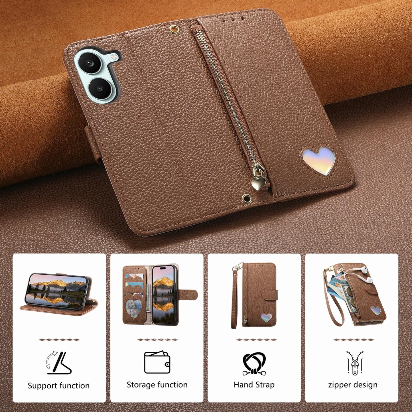 For Honor Play 80 Plus 5G Fantasy Love Heart Zipper Wallet Vegan Leather Phone Case with Strap(Brown)