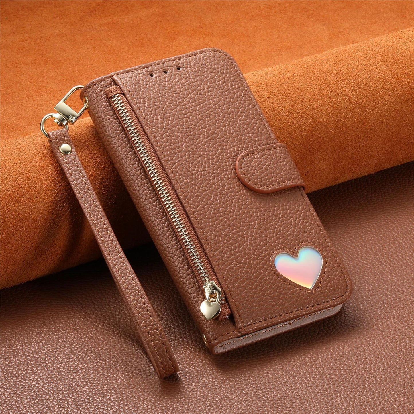 For Honor Play 80 Plus 5G Fantasy Love Heart Zipper Wallet Vegan Leather Phone Case with Strap(Brown)