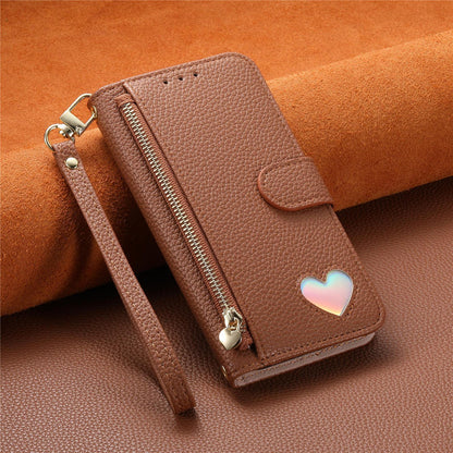 For Honor Play 80 Plus 5G Fantasy Love Heart Zipper Wallet Vegan Leather Phone Case with Strap(Brown)