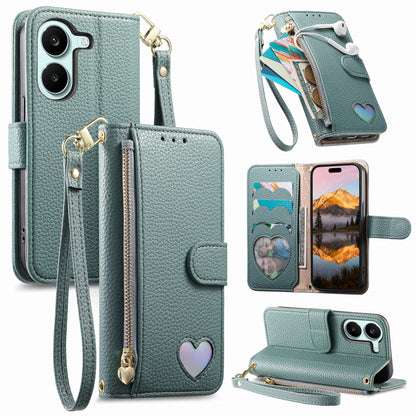 For Honor Play 80 Plus 5G Fantasy Love Heart Zipper Wallet Vegan Leather Phone Case with Strap(Green)