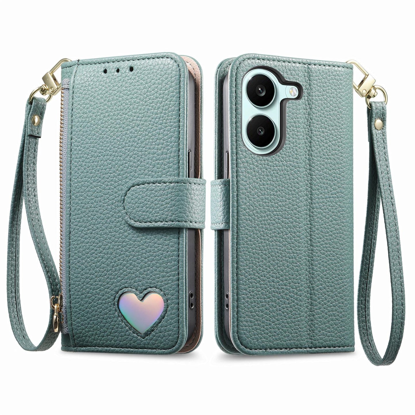 For Honor Play 80 Plus 5G Fantasy Love Heart Zipper Wallet Vegan Leather Phone Case with Strap(Green)