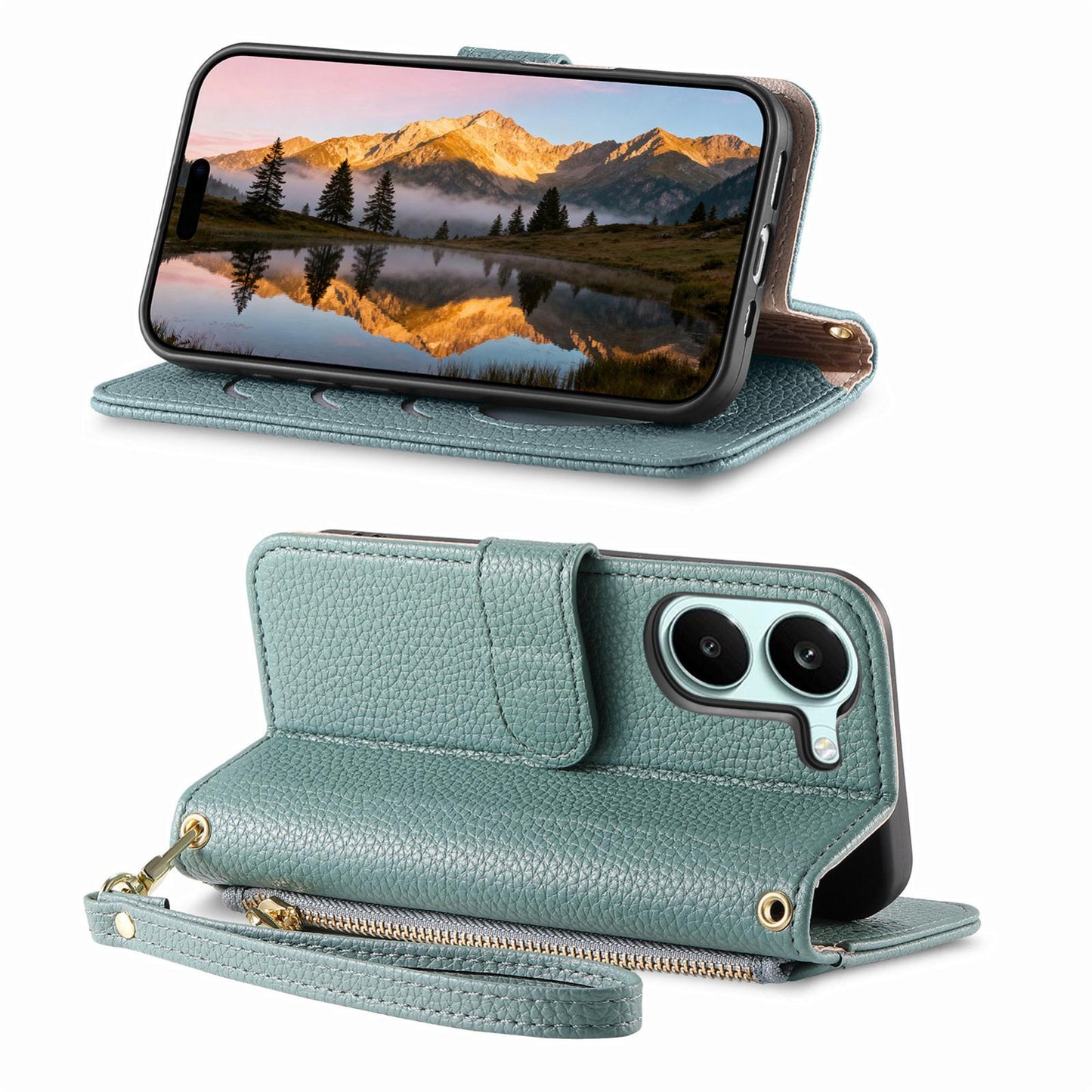 For Honor Play 80 Plus 5G Fantasy Love Heart Zipper Wallet Vegan Leather Phone Case with Strap(Green)