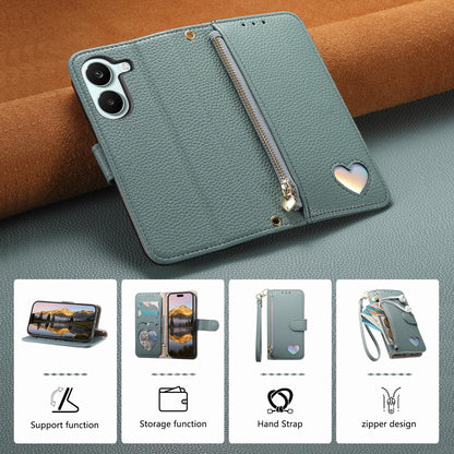 For Honor Play 80 Plus 5G Fantasy Love Heart Zipper Wallet Vegan Leather Phone Case with Strap(Green)